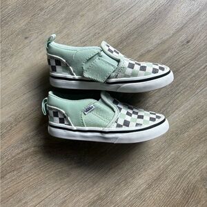Kids Vans white black teal checkered print size 7 Velcro